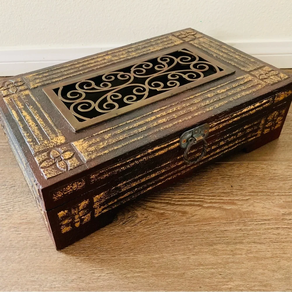 Wooden Jewelry Box with Metal ornaments